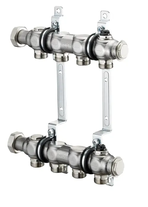 Hydraulischer Abgleich-Heizkreisverteiler aus Edelstahl mit mehreren Anschlussmöglichkeiten und Montageschienen.